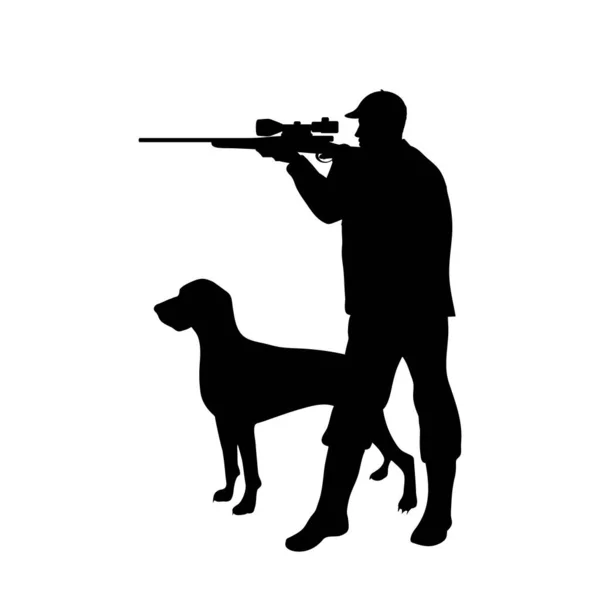 ホワイトバックの銃と彼の犬とハンターのベクトルシルエット 狩猟と教師のシンボル — ストックベクタ