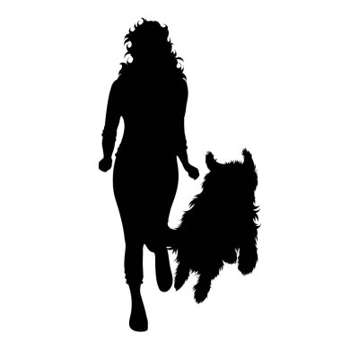 Beyaz arka planda mutlu köpeğiyle koşan kadının silueti. Evcil hayvan ve spor sembolü.