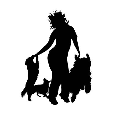 Beyaz arka planda mutlu köpekleri olan dans eden kadın silueti. Evcil hayvan ve spor sembolü.