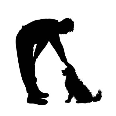 Beyaz arka planda mutlu köpeğiyle insan silueti. Evcil hayvan ve spor sembolü.