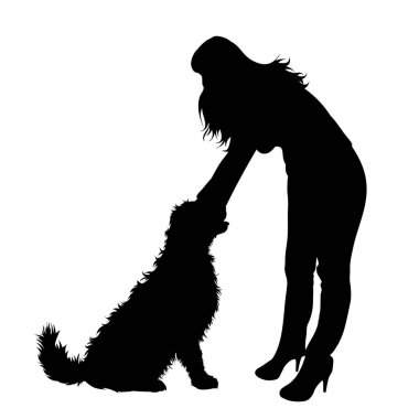 Beyaz arka planda mutlu köpeği olan kadın silueti. Evcil hayvan ve köpek sembolü.