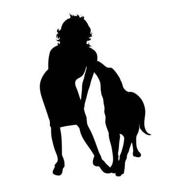 Beyaz arka planda mutlu köpeği olan kadın silueti. Evcil hayvan ve köpek sembolü.