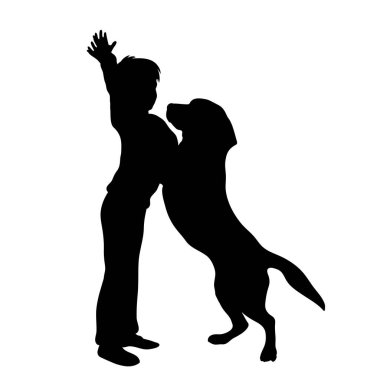 Beyaz arka planda mutlu köpeği olan bir çocuk silueti. Çocukluk ve evcil hayvan sembolü.