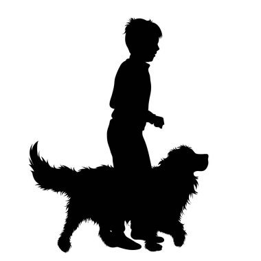 Beyaz arka planda mutlu köpeği olan bir çocuk silueti. Çocukluk ve evcil hayvan sembolü.