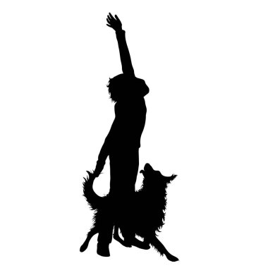 Beyaz arka planda mutlu köpeği olan bir çocuk silueti. Çocukluk ve evcil hayvan sembolü.