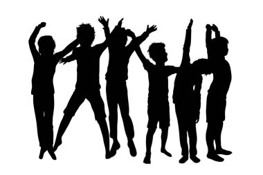 Beyaz arka planda farklı pozisyonlardaki çocukların vektör silueti. Çocukluk ve çocuğun sembolü.