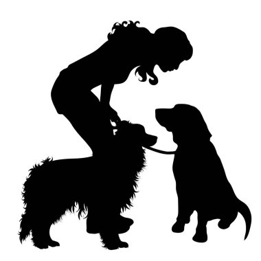 Beyaz arka planda mutlu köpekleri olan kadın silueti. Evcil hayvan ve spor sembolü.