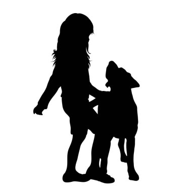 Beyaz arka planda mutlu köpeği olan bir kızın vektör silueti. Çocukluk ve evcil hayvan sembolü.