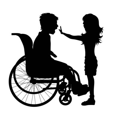 Beyaz arka planda tekerlekli sandalyede oturan kardeşlerden birinin vektör silueti. Mutlu ve sağlıklı olmanın sembolü.