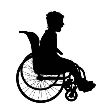 Beyaz arka planda tekerlekli sandalyede oturan bir çocuğun vektör silueti. Ağlama ve kızgınlığın sembolü..