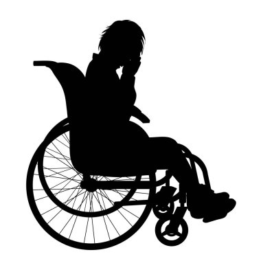 Beyaz arka planda tekerlekli sandalyede oturan bir çocuğun vektör silueti. Ağlama ve kızgınlığın sembolü..