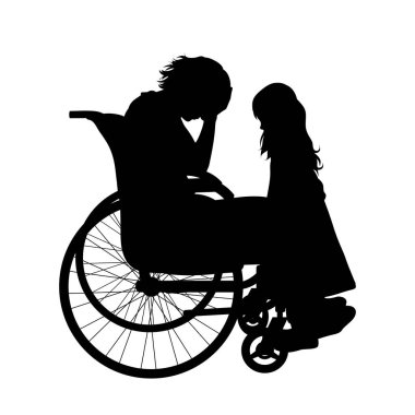 Beyaz arka planda çocuğu tekerlekli sandalyede oturan bir kadının vektör silueti. Aile ve sağlık sembolü.