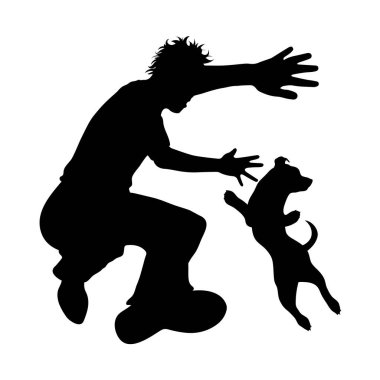 Beyaz arka planda mutlu köpeğiyle dans eden adamın silueti. Evcil hayvan ve köpek sembolü.