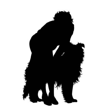 Beyaz arka planda mutlu köpeği olan kadın silueti. Evcil hayvan ve köpek sembolü.