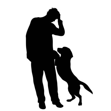 Beyaz arka planda mutlu köpeğiyle insan silueti. Evcil hayvan ve köpek sembolü.