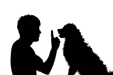 Beyaz arka planda köpeği olan bir adamın vektör silueti. Evcil hayvan ve köpek sembolü.