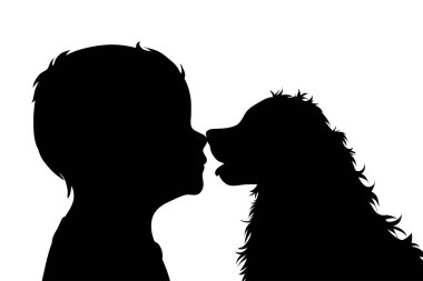 Beyaz arka planda köpeği olan bir çocuğun vektör silueti. Çocukluk ve evcil hayvan sembolü.