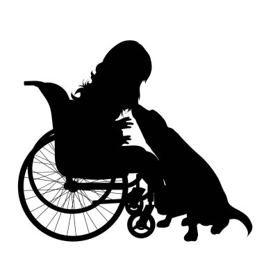 Beyaz arka planda köpeği olan tekerlekli sandalyede oturan bir çocuğun vektör silueti. Evcil hayvan ve yaşam tarzının sembolü.