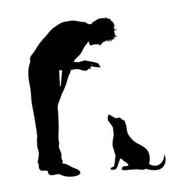 Beyaz arka planda köpeği olan bir adamın vektör silueti. Evcil hayvan ve köpek sembolü.