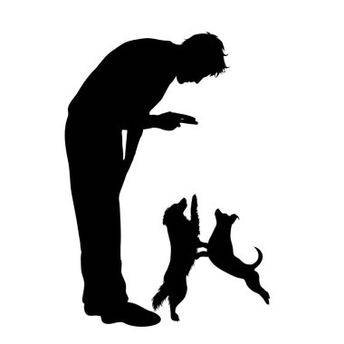 Beyaz arka planda köpeği olan bir adamın vektör silueti. Evcil hayvan ve köpek sembolü.