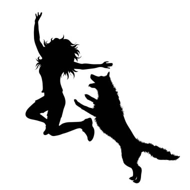 Beyaz arka planda mutlu köpeğiyle dans eden kadının silueti. Evcil hayvan ve köpek sembolü.