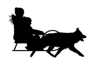 Beyaz arka planda koşan köpeği olan aile silueti. Çocukluk ve evcil hayvan sembolü.