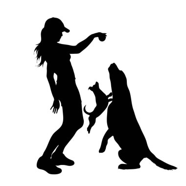 Beyaz arka planda mutlu köpeği olan kadın silueti. Spor ve köpek sembolü.