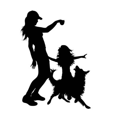 Beyaz arka planda köpek olan aile silueti. Spor ve köpek sembolü.