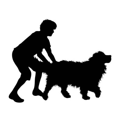 Beyaz arka planda mutlu köpeğiyle insan silueti. Evcil hayvan ve köpek sembolü.