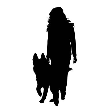 Beyaz arka planda mutlu köpeği olan kadın silueti. Evcil hayvan ve köpek sembolü.