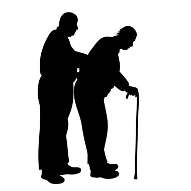 Beyaz bir arka planı olan yaşlı bir adamın vektör silueti. Yardım ve sağlık hizmetlerinin sembolü.