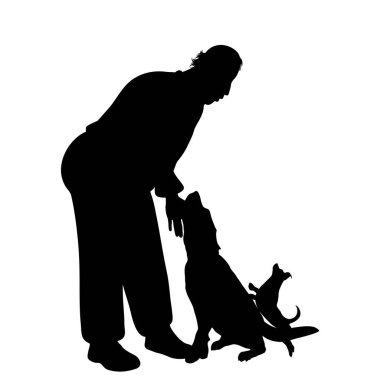 Beyaz arka planda mutlu köpekleri olan insan silueti. Evcil hayvan ve köpek sembolü.