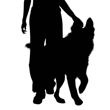 Beyaz arka planda mutlu köpeği olan kadın silueti. Evcil hayvan ve köpek sembolü.