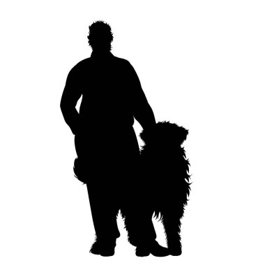 Beyaz arka planda mutlu köpeğiyle insan silueti. Evcil hayvan ve köpek sembolü.