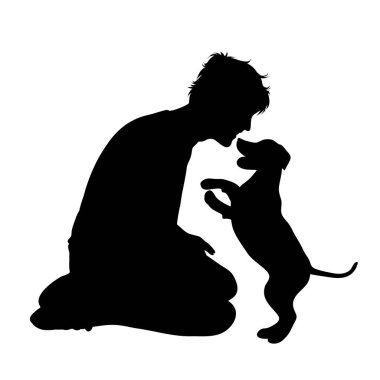 Beyaz arka planda köpeği olan mutlu bir adamın silueti. Evcil hayvan ve köpek sembolü.