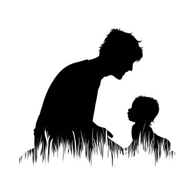 Oğluyla bahçede oynayan babanın vektör silueti. Ailenin sembolü..