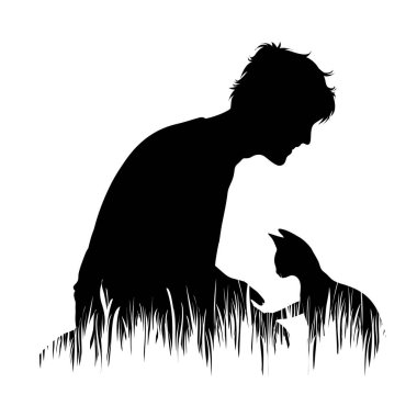 Kedisi parktaki çimlerde oturan bir adamın vektör silueti. Evcil hayvan ve köpek sembolü..