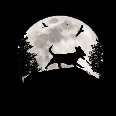 Ay arka planındaki köpeğin vektör silueti. Gecenin ve evcil hayvanın sembolü.