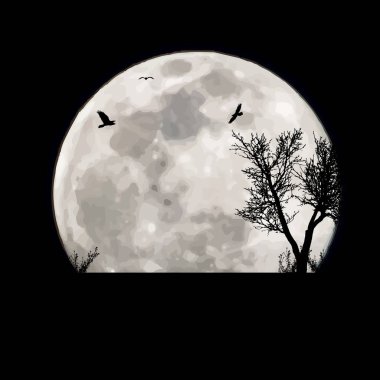 Ay arka planında doğanın vektör silueti. Gecenin ve çayırın sembolü.