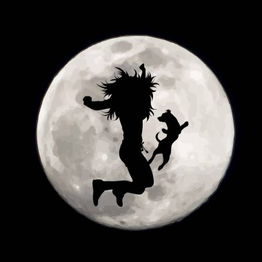 Ay ışığında mutlu köpeğiyle dans eden kadının silueti. Evcil hayvan ve köpek sembolü.