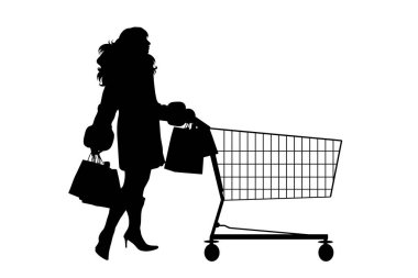 Beyaz arka planda alışveriş arabası olan kadın silueti..