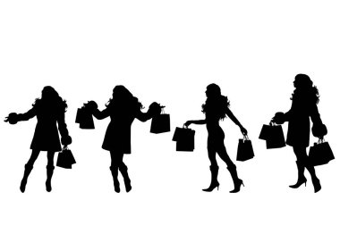 Beyaz arka planda alışveriş yapan kadınların vektör silueti.