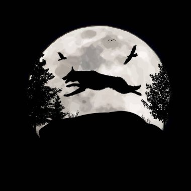 Ay arka planında zıplayan köpeğin vektör silueti. Gecenin ve evcil hayvanın sembolü.