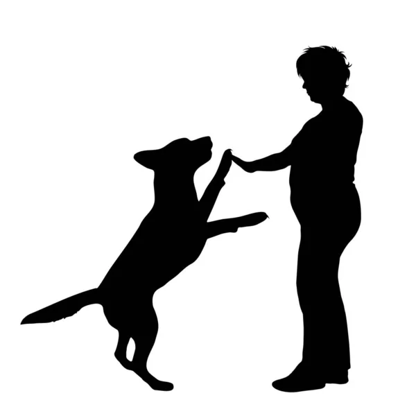 Vektorsilhouette Einer Frau Mit Ihrem Glücklichen Hund Auf Weißem Hintergrund — Stockvektor