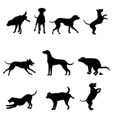 Beyaz arka planda farklı köpeklerin vektör siluetleri. Köpek ve evcil hayvanın sembolü.