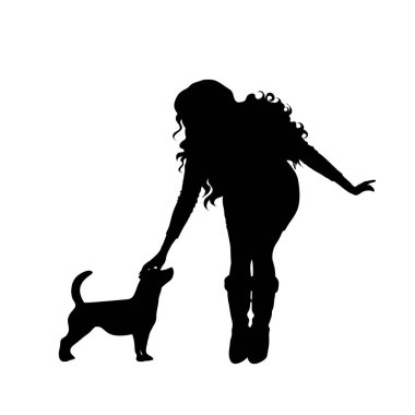 Beyaz arka planda mutlu köpeği olan kadın silueti..