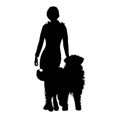 Beyaz arka planda mutlu köpeği olan kadın silueti..