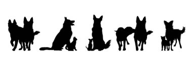 Beyaz arka planda farklı köpeklerin vektör siluetleri. Köpek ve evcil hayvanın sembolü.