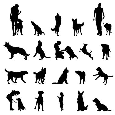 Beyaz arka planda farklı köpeklerin vektör siluetleri. Köpek ve evcil hayvanın sembolü.
