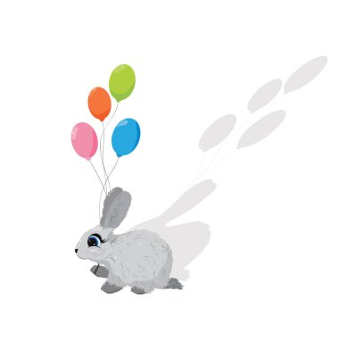 Beyaz kuyruklu balonlu tavşanın vektör çizimi. Doğum günü ve kutlamanın sembolü.